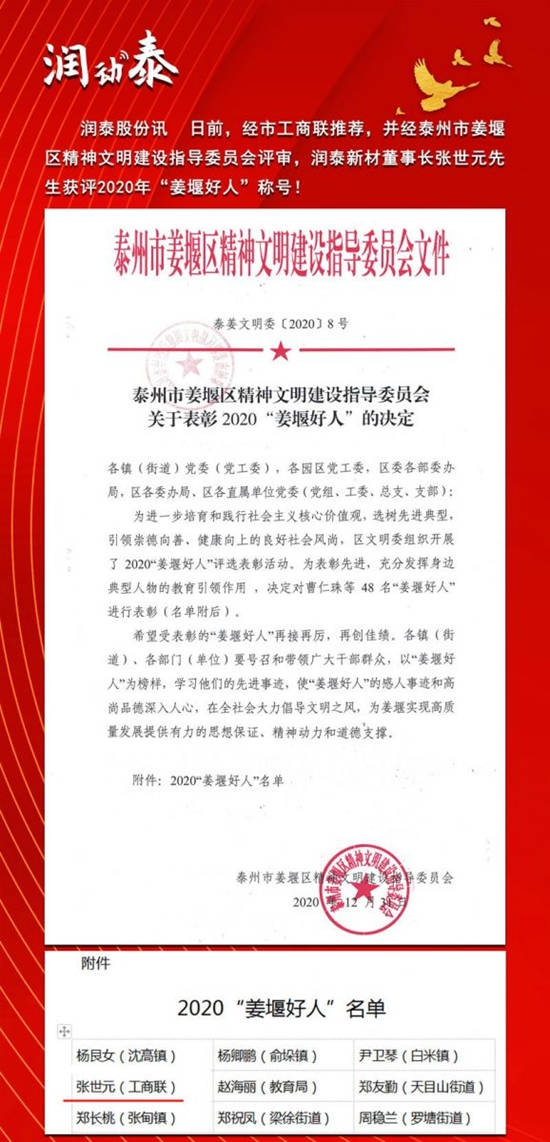 润泰股份董事长张世元荣获“姜堰好人”称号