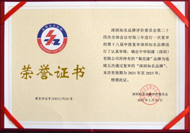 连续五次通过复审，菊花漆品牌享有“深圳知名品牌”荣誉十六载！