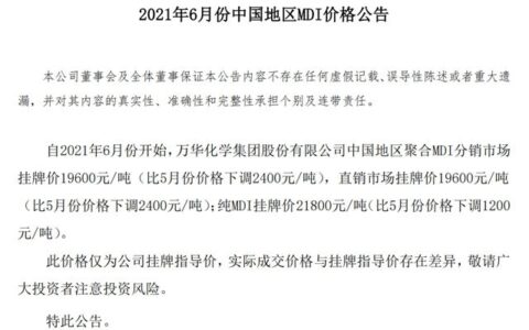 MDI下调 2400 元/吨，原材料价格回落或现曙光