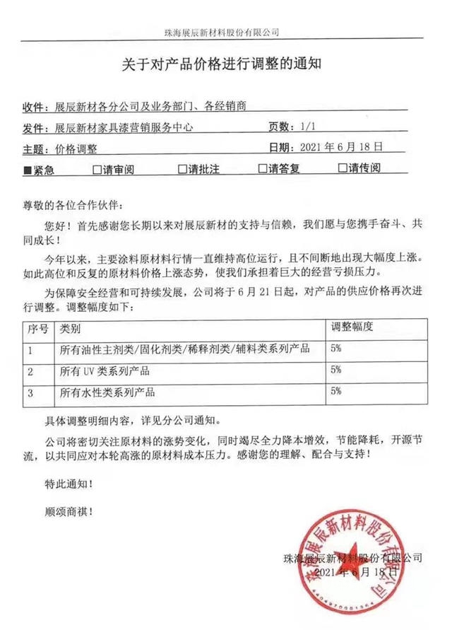 展辰新材家具漆产品价格上调5%