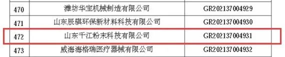 山东千江粉末通过“国家高新技术企业”认定