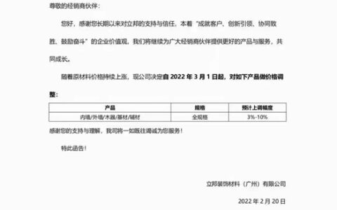 被迫涨价涂企疯现！立邦首涨！威士伯、宣伟、百色熊、阿克苏诺贝尔、巴德士、嘉宝莉、艾仕得、关西涂料、佐敦、ACTEGA、立帕麦……
