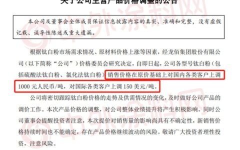 即日涨价！龙佰集团抢先泛能拓、科慕、特诺、康诺斯钛白粉巨头直接强势开涨！
