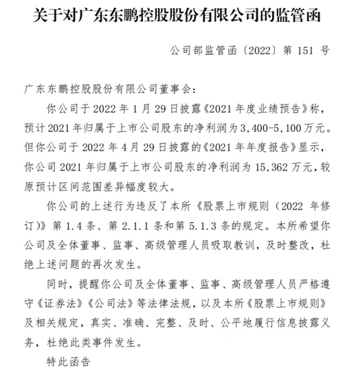年度利润“变脸”提升1亿元，东鹏收到整改监管函