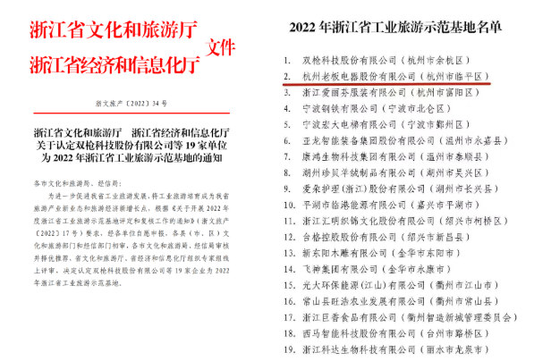 老板电器荣获2022年浙江省工业旅游示范基地！