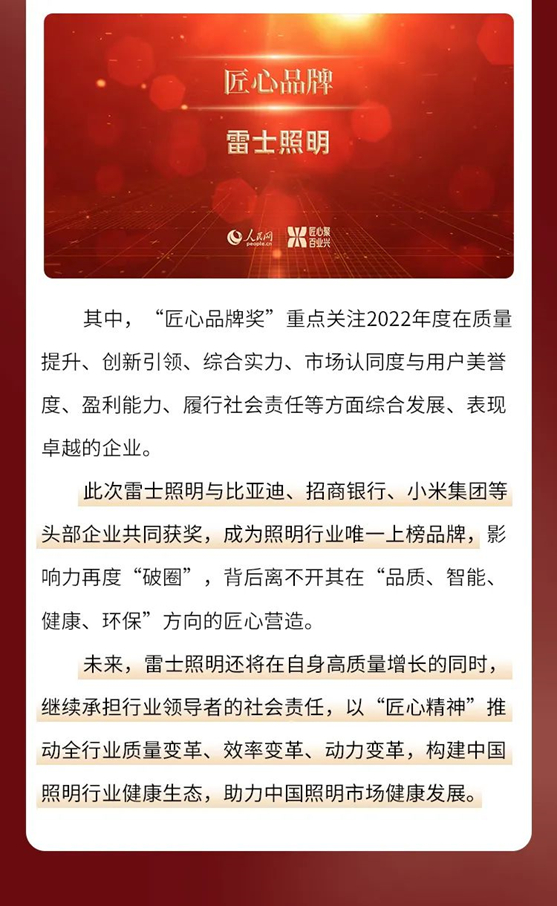 照明行业唯一代表！雷士照明斩获人民网2022“人民匠心品牌奖”