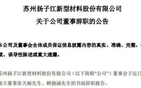扬子新材非独立董事张天赫、顾骁涵辞任
