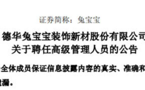 兔宝宝：聘任赵建锋、丁涛担任公司副总经理