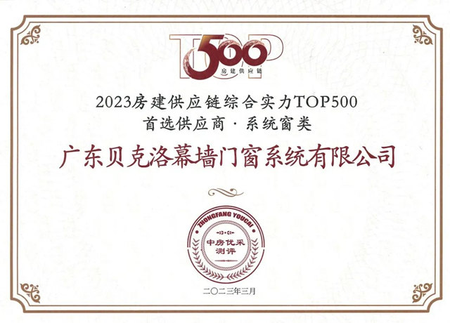 贝克洛连续8年获评中国房地产开发企业TOP500系统窗类首选供应商