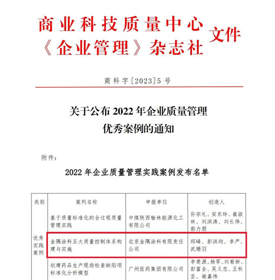 金隅涂料公司荣获国资委2022年“企业质量管理优秀实践案例”