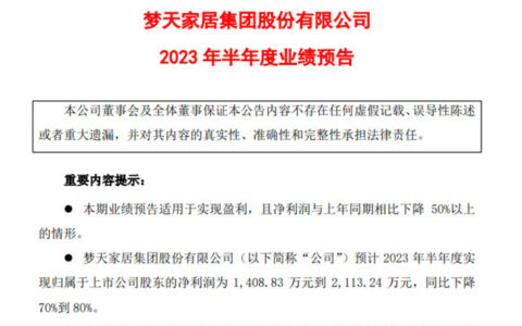 梦天家居预计上半年净利润大降70%-80%！