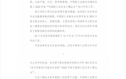 晚安家居荣登“中国轻工业软体家具行业十强企业”榜单