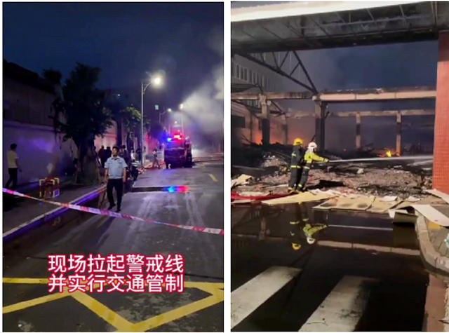广东一陶瓷仓库起火，现场浓烟弥漫