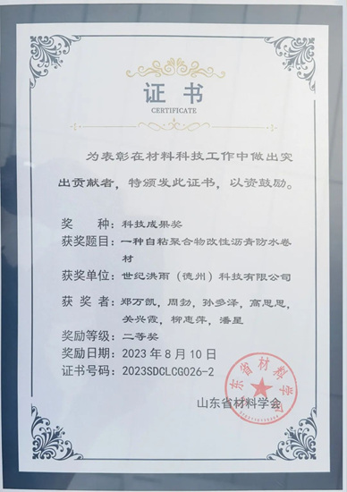 世纪洪雨荣获山东省材料科技成果二等奖
