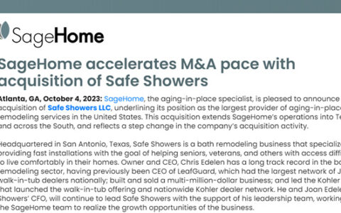 北美最大康养卫浴SageHome宣布收购Safe Showers快装