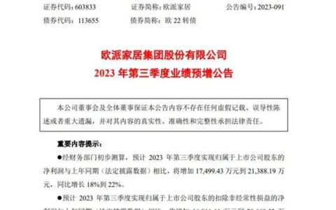 欧派家居第三季度净利润增长18%-22%，行业拐点已到？