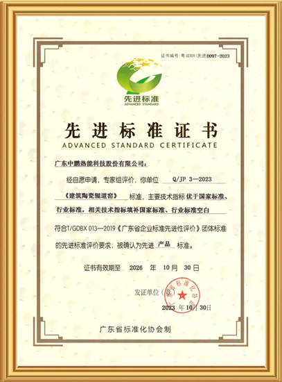 广东中鹏热能科技股份有限公司获“先进标准证书”