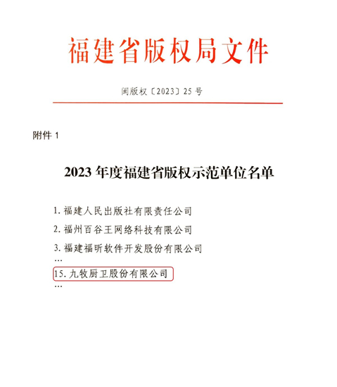 九牧获评“2023年度福建省版权示范单位”