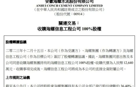 1.26亿元！海螺水泥收购这家公司100%股权