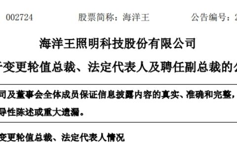 海洋王：变更轮值总裁、法定代表人  及聘任副总裁