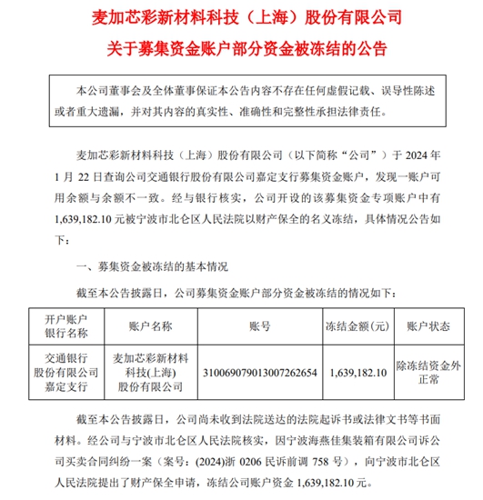 突发！麦加芯彩出事了！部分募集资金被法院冻结