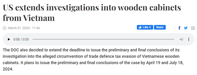 美国扩大对越南木制橱柜调查
