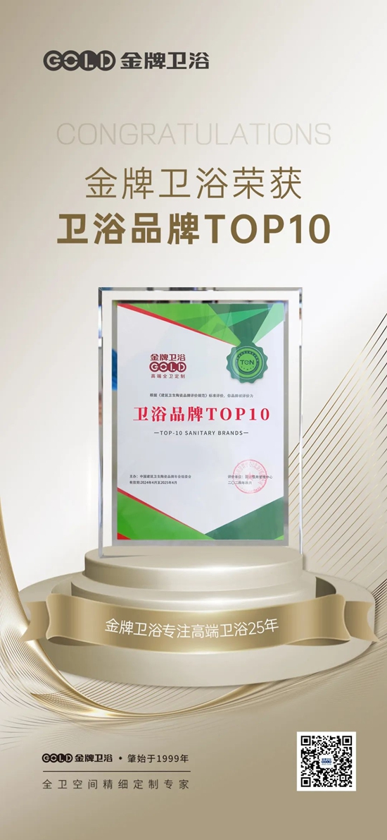 行业典范！金牌卫浴荣获“卫浴品牌TOP10”奖项