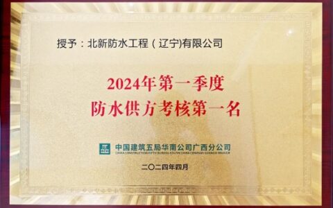 北新防水获评中建五局华南公司2024年一季度防水供方考核第1名