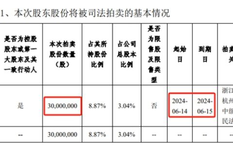 控股股东债务逾期，所持3000万股上市公司股票将被法院网拍强制执行