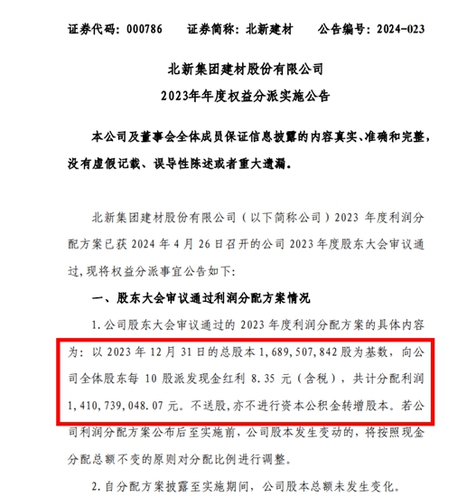 北新建材发钱了！派发现金红利超14亿