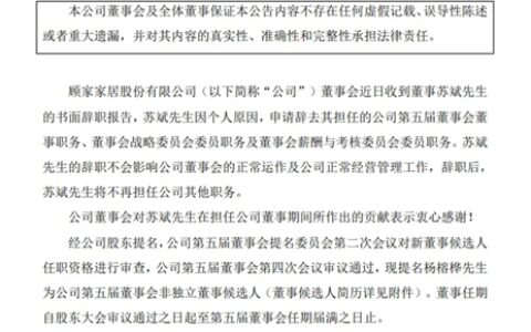 顾家家居董事辞职