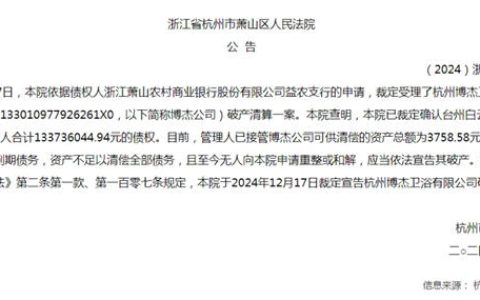 杭州博杰卫浴负债1.3亿宣告破产