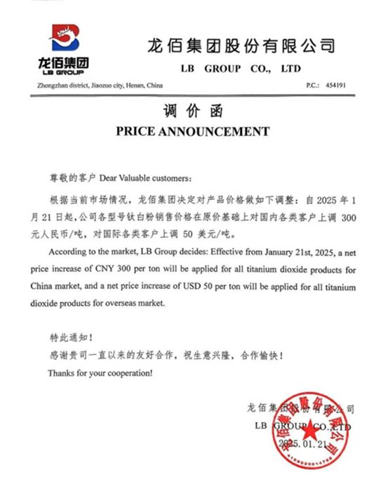 每吨再涨50美元，龙佰二涨来袭，中国钛白粉反击了？