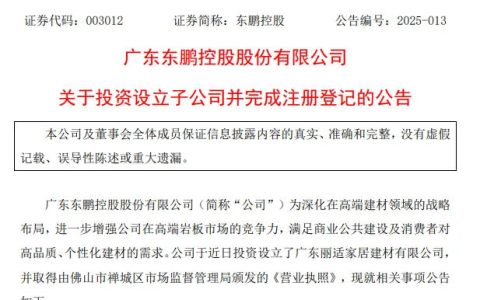 东鹏又有大动作！投资设立岩板子公司