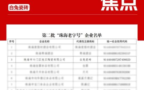 白兔瓷砖：旭日集团上榜“珠海老字号”企业名单