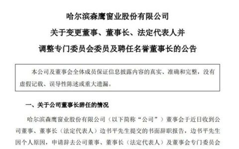 森鹰窗业企业董事长辞职