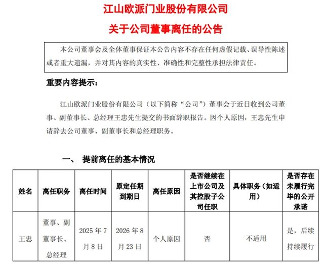 江山欧派副董事长、总裁王忠离职