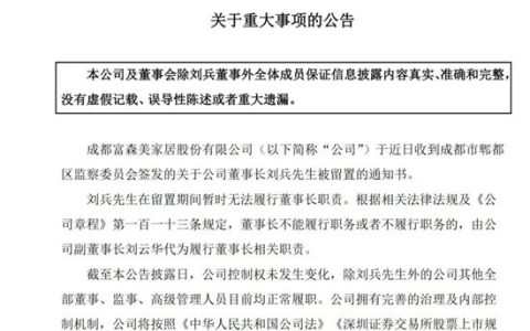 突发！富森美实控人、董事长刘兵被监察留置