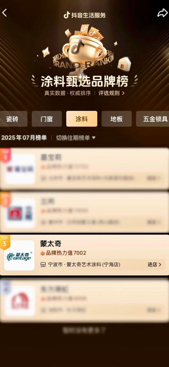 蒙太奇荣登【抖音生活涂料品牌榜TOP3】