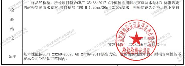 三棵树自粘TPO防水卷材成功通过耐根穿刺性能检测