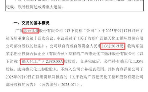 钛白粉行业整合加速！惠云钛业收购德天化工35%股权，构筑产能“防波堤”