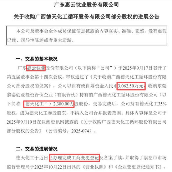 钛白粉行业整合加速！惠云钛业收购德天化工35%股权，构筑产能“防波堤”
