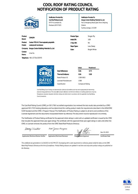 凯伦TPO/PVC防水卷材通过美国冷屋面评级委员会（CRRC）产品评级认可