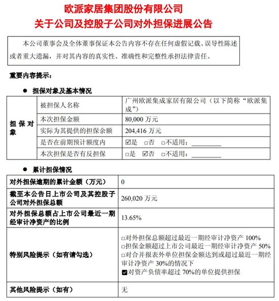 欧派8亿元，顾家约3亿元，两大家居巨头为子公司提供担保
