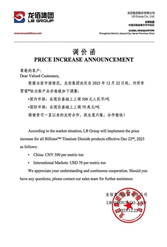 爆了！2025钛白粉第七轮涨价实锤：天原涨700，龙佰惠云涨500！