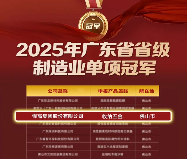 悍高荣膺广东省制造业单项冠军