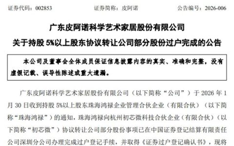 皮阿诺家居股东协议转让公司股份过户完成
