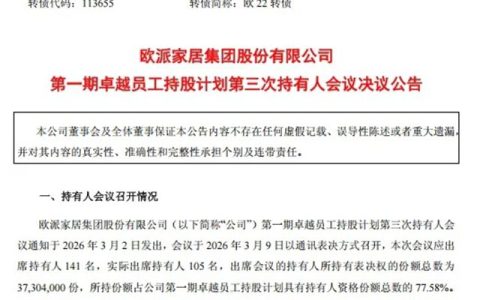欧派家居公告：员工持股计划再延期一年至2027年3月