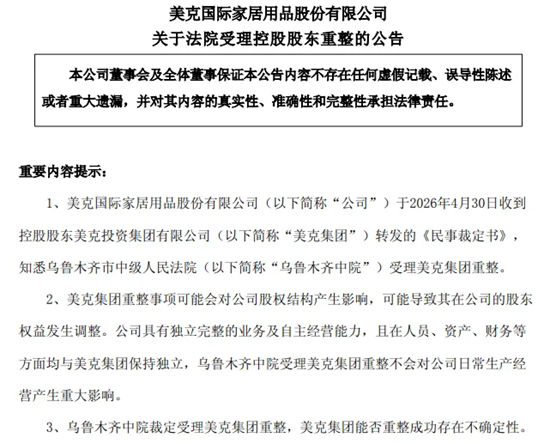 知名家居企业控股股东重整获法院受理