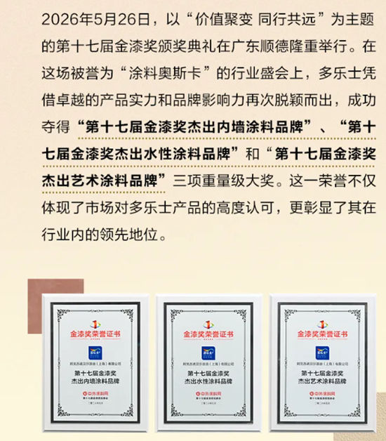 一举揽获金漆奖三项大奖，多乐士实力闪耀“涂料奥斯卡”